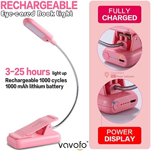VAVOFO Rechargeable Book Light for Reading in Bed Kids, 7 LED Reading Light with 9-Level Warm Cool White Daylight, Eye Care Lamp with Power Indicator for Bookworms (Pink) - Image 5