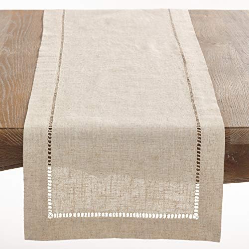 Saro Lifestyle Poly and Linen Blend Hemstitched Table Runner with Hemstitch Border, 16"x45", Natural by SaroLifestyle
