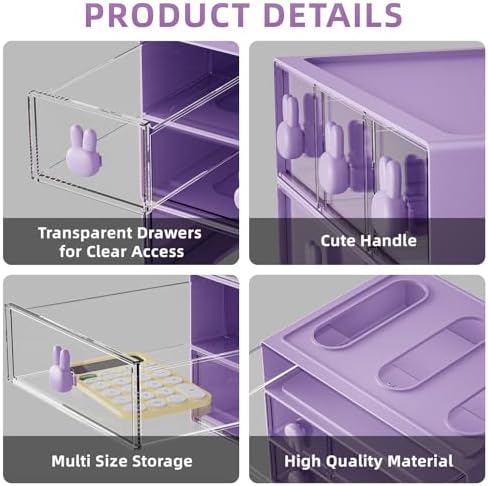 Marbrasse Desk Organizer with 6 Drawers, 3 Tier Stackable Storage Drawers Plastic Makeup Storage, Office Organizers and Storage, Desk Storage Box for Office, School, Home Purple - Image 5