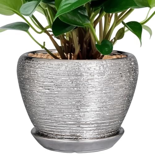Ceramicfor Ceramic Planter - 6 Inch Plant Pot Indoor with Drainage Hole and Saucer Outdoor Pot for Plants Round Decorative Planter Modern Mid-Century Flower Pot for Office Decor Silver by Ceramicfor