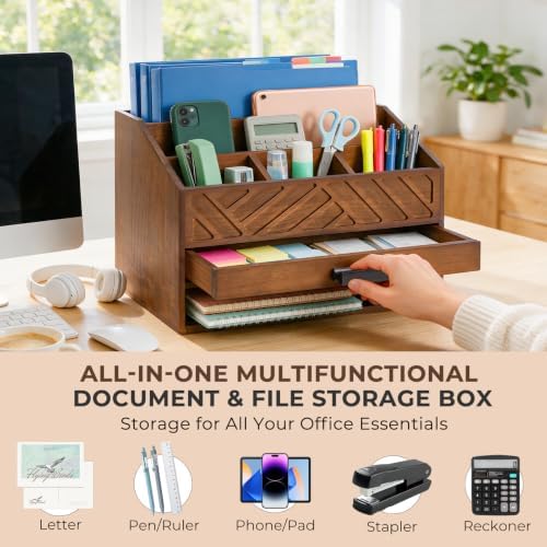 Wooden Desk Organizer with 7 Compartments and Drawer, Rustic Desktop Mail Organizer for Desk, Wooden Mail Sorter Organizer with Deep Pockets, File Holder and Sturdy Black Handle for Home Office-Brown - Image 6