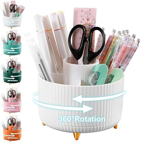 Cayxenful Pencil Holder For Desk,5 Slots 360°Degree Rotating Desk Organizers And Accessories,Desktop Storage Stationery Supplies Organizer, Cute Pencil Cup Pot For Office, School, Home (B-White) by Cayxenful