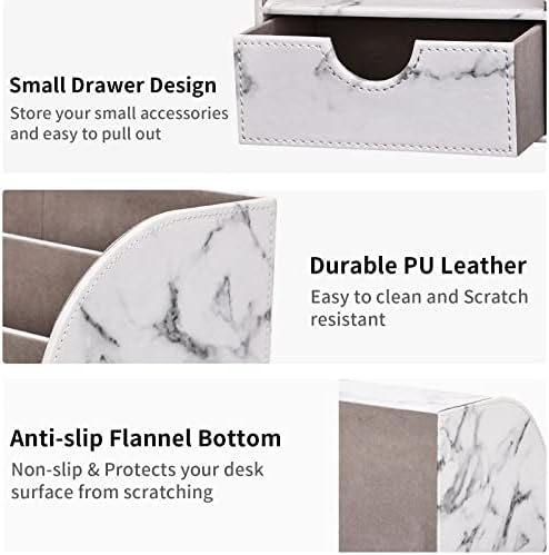 KINGFOM Pu Leather Desk Organizer Pen Pencil Holder Office Supplies Caddy Storage Box 6 Compartments with Drawer Gray Marble - Image 3