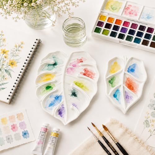 Bower Bird Ceramic Watercolor Palette,mini 5.5in Leaf Artist Porcelain Palettes for Painting,for Acrylic,Gouache,Watercolor,Painting,Ceramic Mixing Tray (Leaf Set) - Image 5