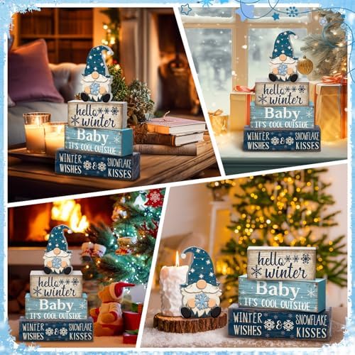 Moucuny 4 Pcs Winter Wood Block Signs Gnome Farmhouse Table Decoration - Image 6