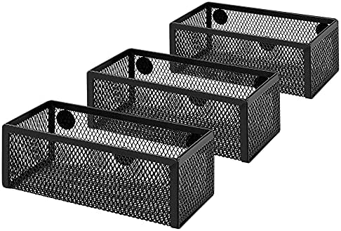 Amazon Basics Magnetic Storage Baskets, Mesh Organizers for Office Supplies and Workspace, 6" x 2.5" x 2.2", Black, 3-Pack by AmazonBasics