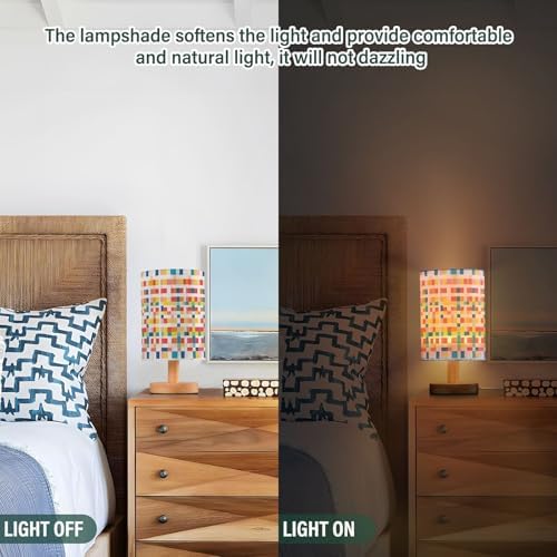Vibrant Mosaic Colorful Checkered Bedside Table Lamps with USB Port for Bedroom Lamp Table Lamp Small Nightstand Lamp Sturdy Linen Shade Wooden Decorative Lamps for Home Dorm Office Living Room - Image 3