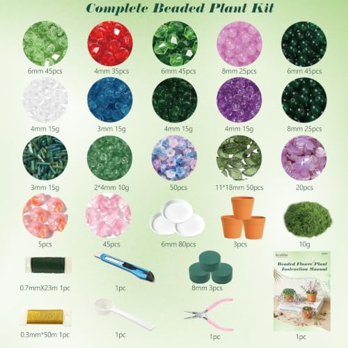 Ecoofor Beaded Plant Kit with 17 Styles of Beads, Flower Beads & Green Glass Crystal Beads, DIY Handmade Beaded Plant Craft Kit with Video Tutorial, Gift for Plant Lovers & Craft Enthusiasts - Image 2