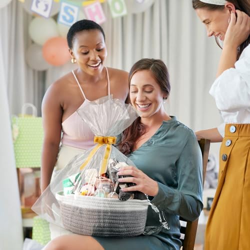 2 Pack Small Woven Basket with Gift Bags and Ribbons, Empty Decorative Gift Chest Box, Cute Baby Gift Basket for Nursery, Cotton Rope Room Shelf Storage Basket with Handles, All 12"x 8"x 5", Gray - Image 3