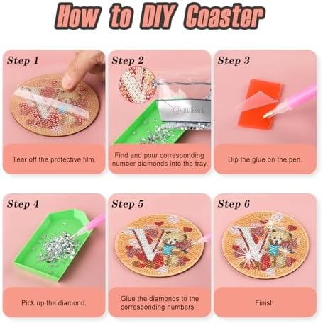 Zynlio Valentine's Day Diamond Art Coasters Kit with Holder,Pink Sweet Love Diamond Painting Coasters with Cork Bases,DIY Round Drill Gem Painting Art Crafts for Holiday Gifts - Image 3
