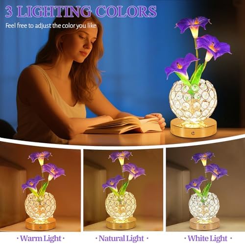 Flower Table Lamp, 3 Colors Touch Stepless Dimming Crystal Night Light, Rechargeable Artificial Morning Glory Light, LED Flower with Vase Lamp Romantic Decor for Date Party Home (Morning Glory-Purple) - Image 4