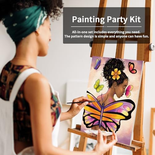VOCHIC Pre Drawn Canvas for Painting for Adults Paint and Sip Kit Party Supplies 8x10 in Canvas Butterfly Girl 1 Easel,8 Acrylic Colors,3 Brush,1 Pallet Paint Art Set - Image 3