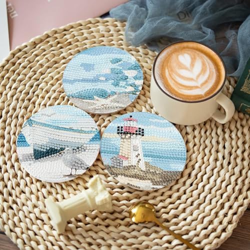 askkqtx 8 Pcs Beach Diamond Art Coasters Kits with Holder 4X4 Inch - Image 3