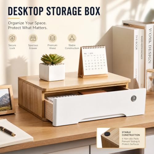 Wooden Desktop Storage Box with Lockable Drawers, Flat File Cabinet Drawer Desktop Storage Box, Countertop Storage Cabinet for Office Home Toiletries Supplies Vanity (natural wood+white, 1 Drawer) - Image 6