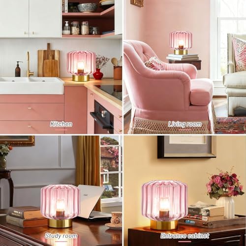 Small Touch Table Lamp for Bedside, Pink Glass Table Lamps with Gold Metal Base, Mid Century Modern Lamps Mini Table Lamp nightstand lamp Globe Desk lamp for Bedroom Living Room Office - Image 3