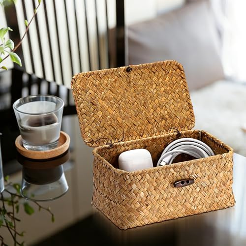 Hipiwe Small Seagrass Wicker Box with Lid Decorative Shelf Basket Bin - Image 7