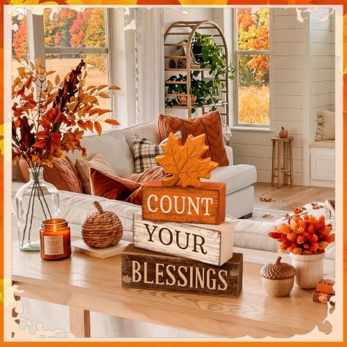 Moucuny 4 Pcs Fall Table Decoration Rustic Maple Leaf Stacked Wooden Blocks - Image 5