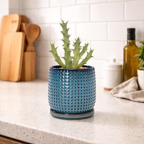 D'vine Dev Beaded Ceramic Pot with Saucer, 4 in, Ocean Teal, 27-C-Z-8 - Image 5