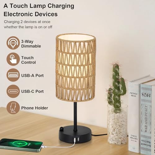Touch Table Lamp For Bedroom with Bulb, Boho Small Desk Lamp For Living Room With Rattan & Linen Shade, 3 Way Dimmable Bedside Table Lamp For Nightstand With USB Charging Port & Phone Stand For Office - Image 3