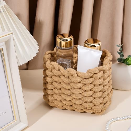 CREATCABIN Woven Small Baskets Cotton Rope Baskets for Organization Bin Camel Boho Square Storage Basket Mini Tiny Baskets for Nursery Cosmetics Living Room Bathroom Shelves Home Decor 7x5x6Inch - Image 3