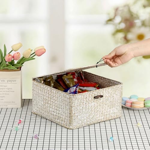 Hipiwe Wicker Shelf Basket Bin Square Handwoven Seagrass Storage Basket with Lid Home Organize Box for Bookshelf Living Room Bath Room Multipurpose Basket Container, Whitewash Large - Image 4