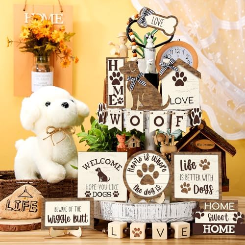 Mifoci 16 Pcs Dog Tiered Tray Decor Wooden Signs, Farmhouse Woof Love - Image 2