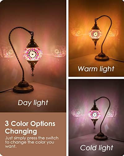 Yarra-Decor Turkish Moroccan Lamp with Bronze Base 3 Color Options Handmade Swan Neck Mosaic Glass Bedside Lamps for Bedroom (LED Bulb Included)(Red1) - Image 2