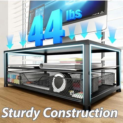 OPNICE Desk Organizers and Accessories, Computer Monitor Stand Riser with Drawer and 2 Pen Holders, Printer & Laptop Stand, Office Desk Accessories & Workspace Organizers for Home Office Supplies, Metal Black - Image 5