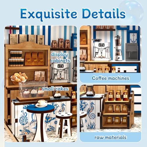 DIY Miniature House Kit, Coffee Shop Book Nook Kit, Mini Building Kit, Dollhouse Kit for Adults and Teens, 3D Wooden Puzzles with LED Light, Craft Kit for Family and Friends(Sunny Coffee Shop) - Image 5