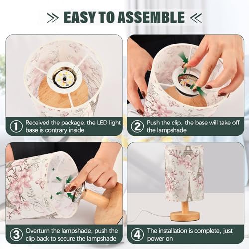 French Eiffel Tower Pink Blossom Table Lamp for Bedroom USB Port Lamps Small Accent Table Lamp Nightstand Lamp Study Linen Shade with Wooden Base, Decorative Lamps for Bedside Reading|Kids|Dorm|Home - Image 6