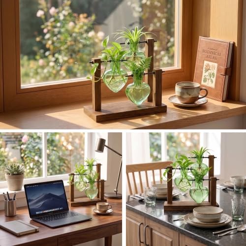 Plant Propagation Station,Wooden Stand with 3 Green Heart Vases - Image 5