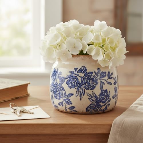 Chinoiserie Ceramic Plant Pot for Garden Decor, 6.3in Rustic Farmhouse Planter with Drainage Hole for House Plants, Blue and White Vase for Centerpiece, Kitchen & Office Decoration, Plant Lover Gifts - Image 2