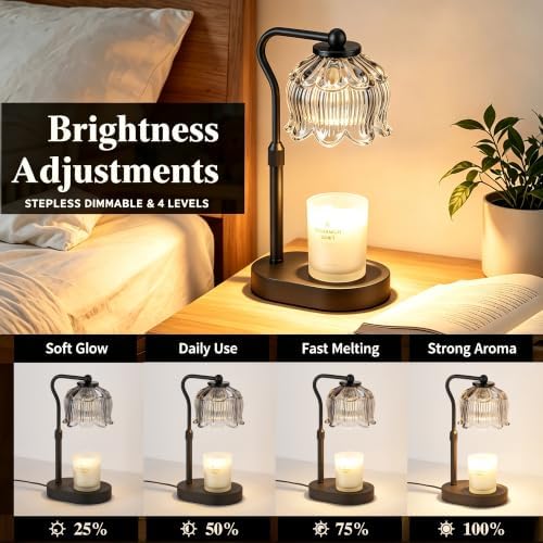 Briever Flower Candle Warmer Lamp, Adjustable Height Electric Candle Lamp with Timer & Dimmer, Wooden Base Wax Warmer, Christmas Birthday Housewarming Gifts for Women Mom, Black-Gray Glass - Image 4