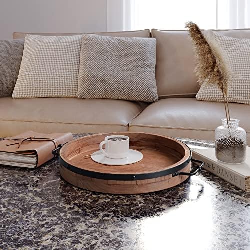 Round Coffee Table Tray|13'' Farmhouse Wood Serving Tray with Metal Handles - Image 3