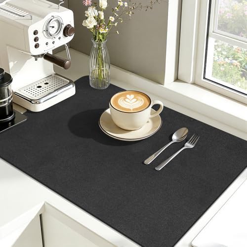 Findosom Dish Drying Mat, 12"x 20" Super Absorbent & Hide Stain Coffee Mat, Cuttable Drying Mat for Kitchen Counter, Coffee Bar Accessories, Under Dish Rack, Coffee Maker, Espresso Machine, Black-2 by Findosom