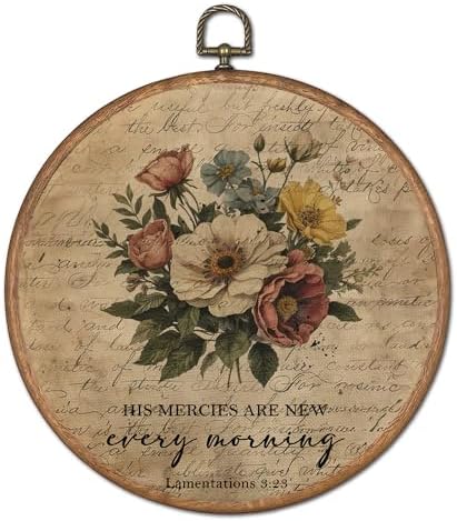 OFJE Vintage Floral Christian Wall Art Decor, His Mercies Are New Every Morning Scripture Round Wall Hanging Decor, Religious Flower Framed Canvas Prints for Living Room Decorations, 10x10 Inch by Unknown