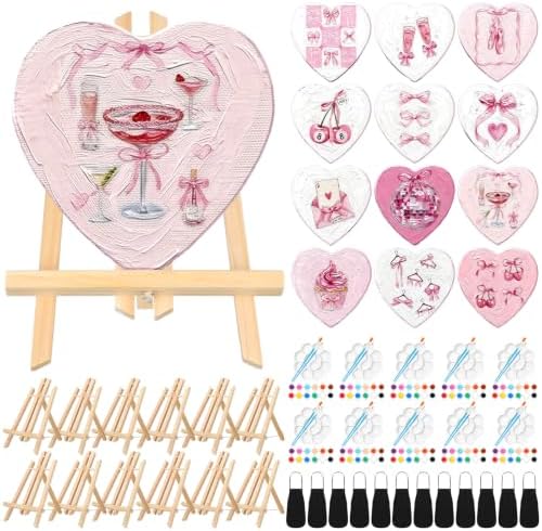 Motipuns 12 Set Pink Bow Pre Drawn Canvas to Paint for Adults, Heart Shaped by Motipuns