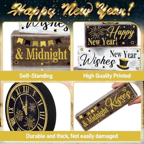 Moucuny 4 Pcs New Year Table Decorations, Happy New Year Wood Block Sign - Image 6
