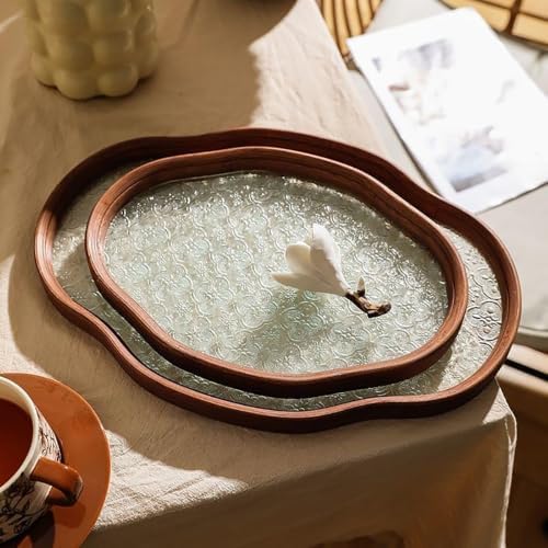 Glass Decorative Serving Tray with Crabapple Pattern, Wood Decorative Tray for Coffee Table, Kitchen, Vanity, Bathroom, or Ottoman，Perfect for Bread Food Fruit Display & Storage - Image 5