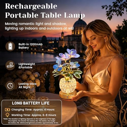 Flower Table Lamp, 3 Colors Touch Stepless Dimming Orchid Night Light, Rechargeable Artificial Flower Light, LED Flower with Vase Lamp Romantic Decor for Date Party Home (Purple - Cymbidium) - Image 4