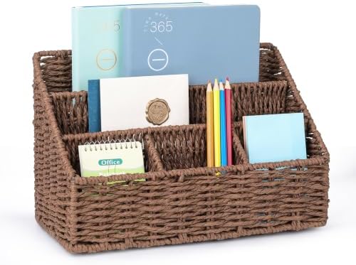 DINGTAI Rattan Desk Organizer, Tabletop Mail Holder, 5 Slot Mail Organizer Countertop Basket, Rattan Office Supplies, Boho Office Desk Accessories, Wicker Desk Organizer, Magazine Holder（Brown） by DINGTAI