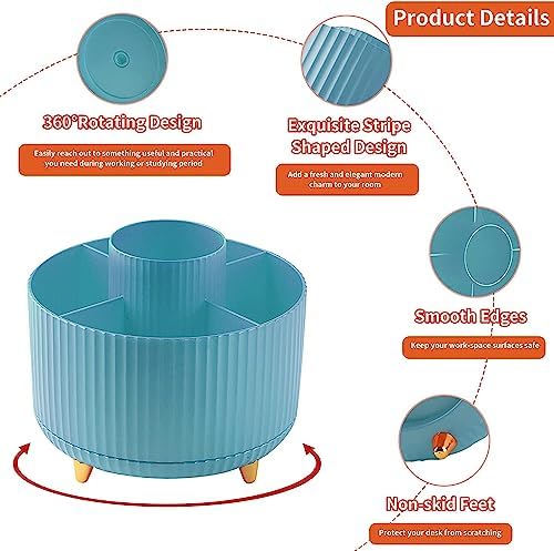Desk Pencil Pen Holder, 5 Slots 360°Degree Rotating Organizers for, Desktop Storage Stationery Supplies Organizer, Cute Cup Pot Office, School, Home, Art Supply, Blue - Image 6