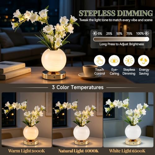 White Bellflower Flower Lamp, Rechargeable Cordless LED Floral Table Lamp - Image 2