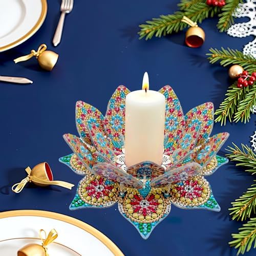 jinglinhh DIY Mandala Lotus Diamond Art Painting Aromatherapy Candle Holder Kit for Adults, Acrylic Diamond Art Tabletop Candlestick Holder Tray Ornaments Craft Project for Beginners(Gold Blue Lotus) - Image 5