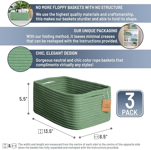NaturalCozy 13.5”x8.5”x5.5” Rectangle Storage Baskets for Shelves 3 Pack | Cotton Rope Woven Small Baskets for Organizing | Small Storage Bins for Nursery, Bathroom, Closet, Shelf, Decorative - Image 2