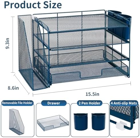 OPNICE Desk Organizer, 4-Tier Desktop File Organizer with Drawer and Pen Holders, Office Desk Accessories, File Sorters, Workspace Organizers for Office Supplies(Dark Blue) - Image 3