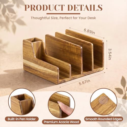 Novabright Acacia Wood Mail Organizer with Pen Holder, 5 Slot Desk File Organizer, Wooden Letter Sorter for Desk, Compact Desktop Document Holder for Home Office Storage Back to School - Image 2