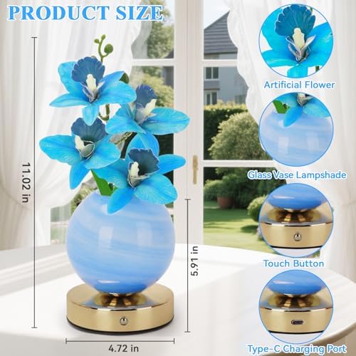 Flower Table Lamp, 3 Colors Orchid Night Light, Cordless Touch Dimming Artificial Flower with Vase Lamp, LED Desktop Decorative Landscape Lights for Festival Party Home Decor (Blue Orchid) - Image 2