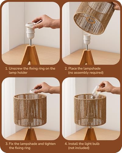 EDISHINE Small Rattan Table Lamp, Wood Tripod Bedside Lamp, 14.2", E26 Base - Image 4