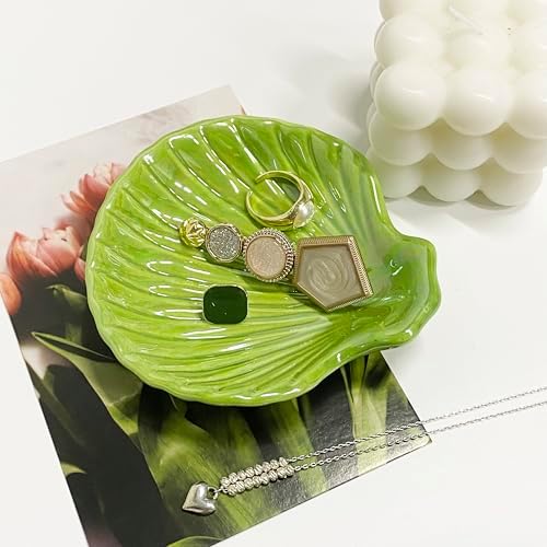 Trinket Dish Shell, Ceramic Jewelry Dish Seashell, Seashell Shape Jewelry Holder Plate for Rings Earrings Necklaces Bracelet, Decorative Tray for Mom Friend Sister, 3.9", Green Iridescent Surface - Image 6